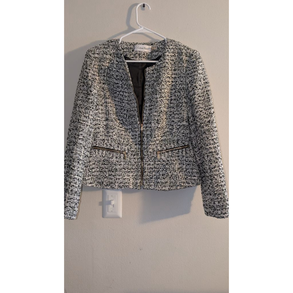 Calvin Klein Black and White Tweed Zip-Front Blazer
